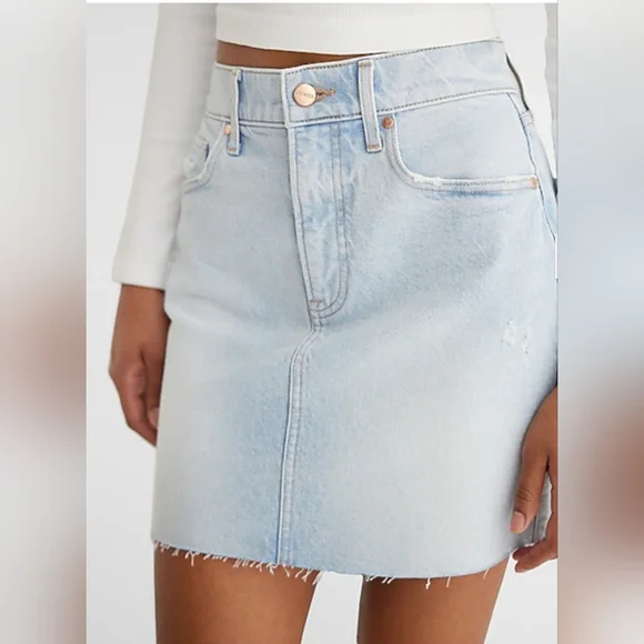 Express High Waisted Raw Hem Mini Denim Skirt - Picture 2 of 9